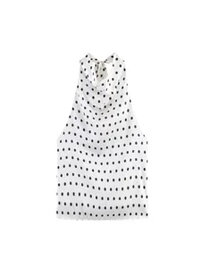 Top halter vintage de lunares con cuello cowl, elegante blusa blanca sin mangas para mujer