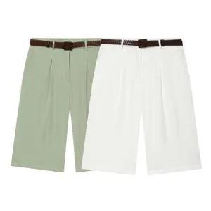 Summer women high waist pleated shorts with brown belt, stylish and versatile casual wear.