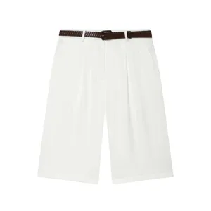 Detailed view of white high-waisted pleated shorts featuring stylish brown croc-embossed belt.
