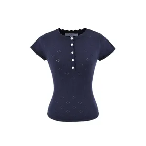 Women's short sleeve knitted top with button placket and hollow out floral pattern summer.