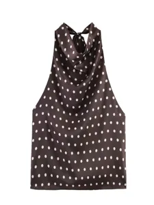 Top halter de lunares para mujer elegante sin mangas cuello drapeado vintage marrón blusa