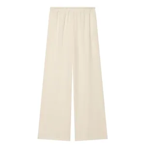 Women's casual beige wide leg trousers with elastic waist, comfortable summer fashion style.