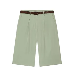 Light green pleated high-waist women shorts featuring a stylish brown leather belt.