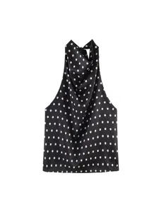 Top negro sin mangas con lunares y cuello desbocado estilo elegante moda mujer verano