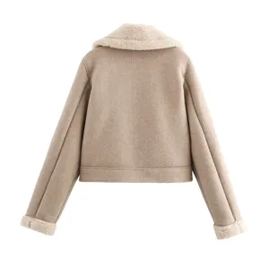 Back view of stylish camel faux suede jacket featuring cozy white sherpa lapel and cuffs.