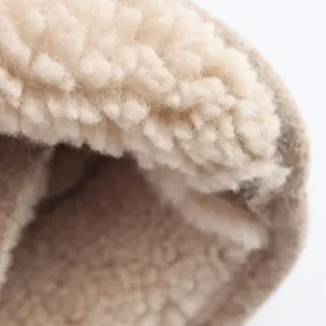Close up view of cozy fleece shearling collar detail for stylish women autumn jacket.