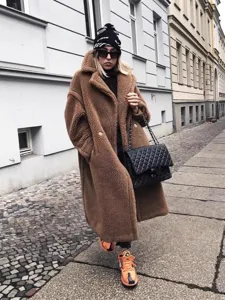 Womens autumn winter long teddy bear coat warm oversized fleece jacket fashion outerwear 2025