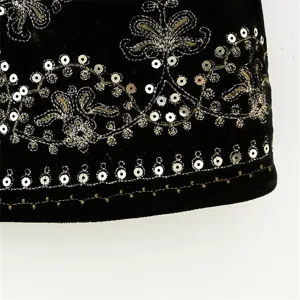 Black velvet sequin embroidered vest detail, elegant European style autumn women apparel.