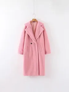 Women pink teddy fleece long coat winter warm thick lapel outerwear fashion casual jacket