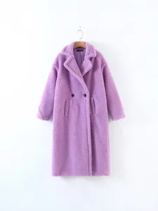 Stylish purple teddy fleece long coat for women, cozy double-breasted winter outerwear.