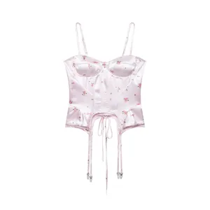 Pink floral satin corset top for women, sexy slim fit camisole with sweet bows and straps.