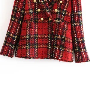 Women red plaid tweed blazer jacket long sleeve double breasted gold buttons outer wear
