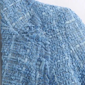 Close-up detail of light blue tweed blazer fabric showcasing the woven texture and frayed edge.