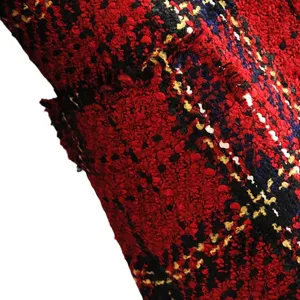 Red black plaid tweed blazer jacket fabric detail, stylish elegant autumn women outerwear.