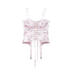 Pink floral satin lace-up corset cami top featuring stylish garter straps for summer.