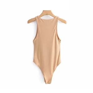 Khaki solid color round neck sleeveless bodysuit detail view, sleek minimalist fit.