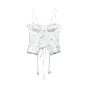 White satin floral corset camisole top with slim fit, boning details and irregular hem.