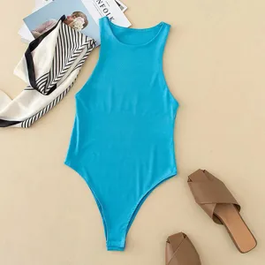 Solid color scoop neck sleeveless slim fit bodysuit for women, chic and versatile fashion top.