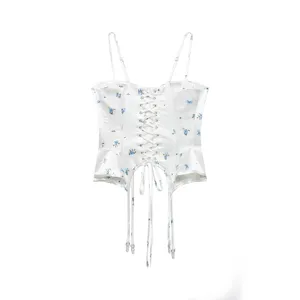 Floral print corset camisole detail showing adjustable lace-up back design, slim fit.