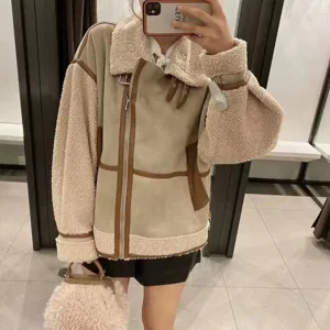 Women thick warm shearling suede moto jacket winter patchwork biker outerwear fashion coat