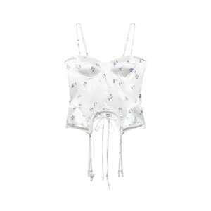White satin floral corset top with spaghetti straps, boning structure and irregular hem.