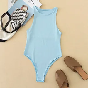 Detailed shot of the light blue sleeveless slim bodysuit showcasing fabric texture and flat lay.