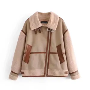 Faux shearling spliced biker jacket for women, stylish winter outerwear with plush collar and cuffs.
