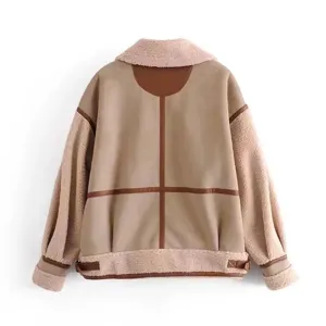 Detailed back view of women's suede and shearling jacket with contrast leather trim.