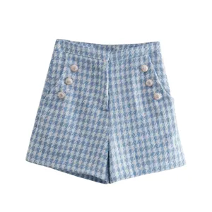 Blue white houndstooth tweed shorts detail, high waist with metallic button decor.