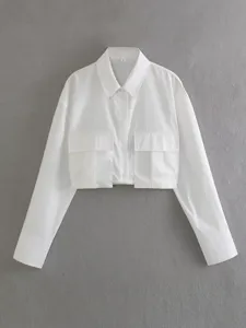 Women's Casual Solid Color Long Sleeve Turn-down Collar Pocket Shirt Polyester Short Blouse Top