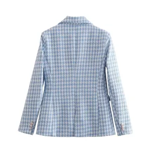 Blue white houndstooth blazer back view, elegant women tweed suit jacket detail shot.