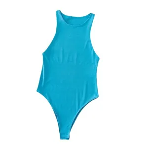 Women Blue Round Neck Sleeveless Slim Fit Bodysuit Casual Basic Tank Top Summer Wear
