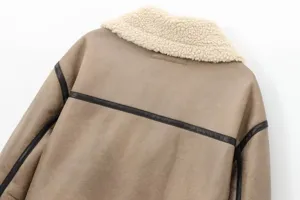 Women's faux shearling biker jacket back detail, warm suede coat with leather trim.