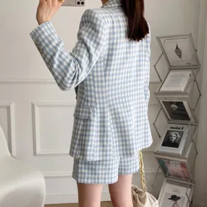Women houndstooth blazer and shorts set chic blue white two piece suit for spring daily wear.