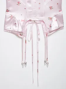 Pink satin floral corset top with bows, bones and garter clips for sexy summer daily wear.