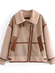 Women's spliced faux shearling motorcycle jacket, autumn winter fluffy coat details view.