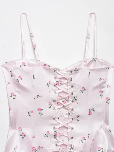 Pink satin floral camisole top with lace up back and bone support for women summer streetwear.