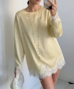 French style solid color round neck lace patchwork irregular long sleeve satin T-shirt top