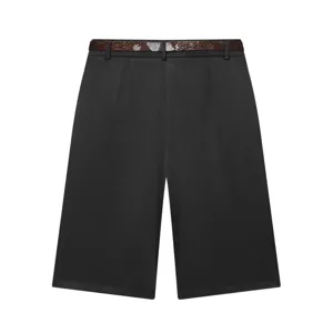 Women's high-waisted pleated black shorts with a chic brown snakeskin belt for summer style.