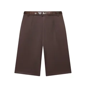 Brown pleated high-waist shorts detail showcasing the stylish matching belt and neat stitching.