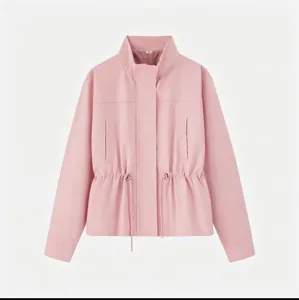 Veste rose pour femme col montant taille cordon style minimaliste decontracte.