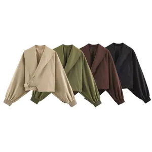 French vintage lapel lantern sleeve wrap short jacket stylish autumn outerwear variant color