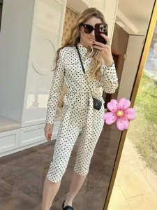 Women Elegant Polka Dot Long Sleeve Top And Pants Set Casual Polyester Top And Bottom Outfit