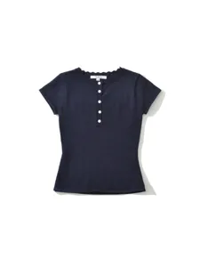 Dark blue short-sleeve knit top for women, featuring a classic round neck and button placket.