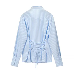 Camicia ampia a righe blu e bianche stile francese con grazioso design con fiocco sul retro per donna.