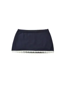 Navy blue knitted miniskirt with white scalloped hem front view summer casual clothing item