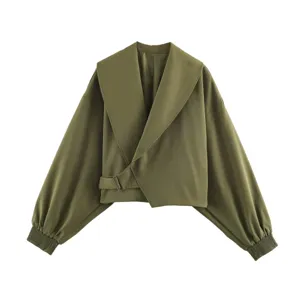 French vintage lapel lantern sleeve cropped jacket for women autumn daily wear stylish coat