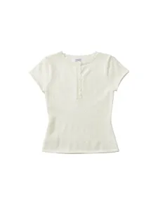 Summer breathable knit short-sleeve top with buttons and cute cutout pattern design for women.
