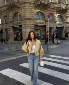 French retro lapel lantern sleeve cropped jacket stylish autumn women outerwear top.