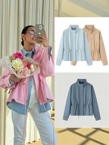 Veste Manches Longues Décontractée Femme Col Stand Cordon de Serrage Printemps Automne Slim Couleur Unie